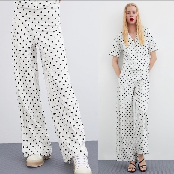 Zara Polka Dot White Wrinkle High Waist Trousers - Picture 2 of 9